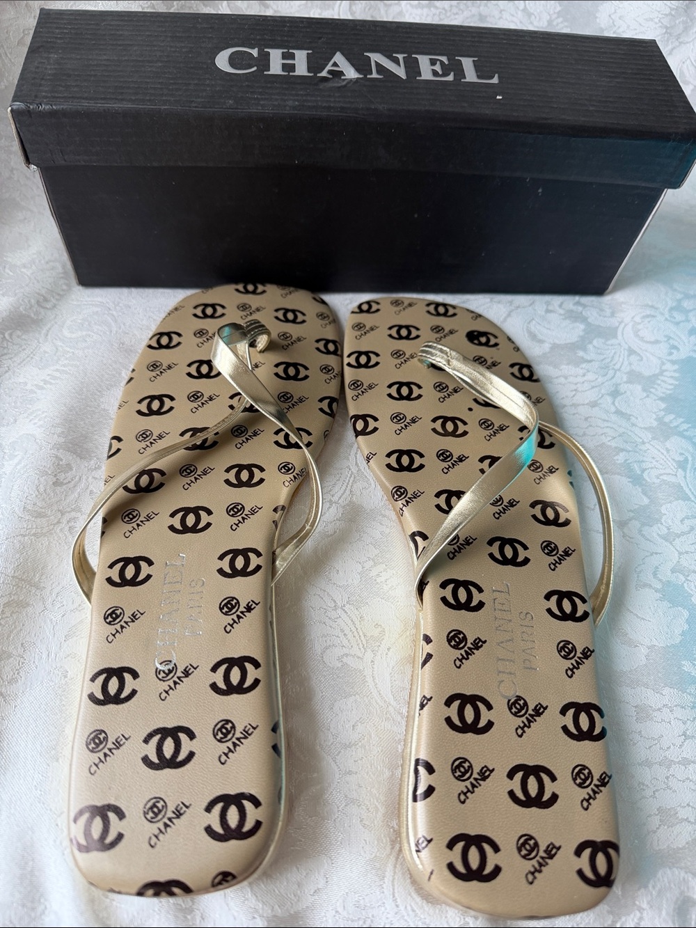Beige and Gold Logo Print Flip Flop Sandals